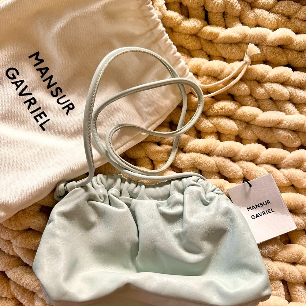 NEW Mansur Gavriel designer leather seafoam Cloud clutch with shoulder strap.